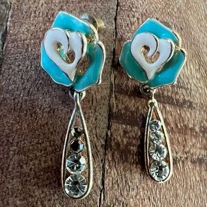 1950s 1960s Mid-Century Teal White Enamel Whimsical Rose Rhinestone Earrings Vtg